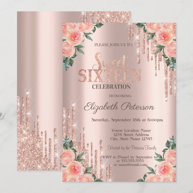 Invitación Moderno Purpurina Drips Floral Rosa Dorado Dulce 1 (Anverso / Reverso)