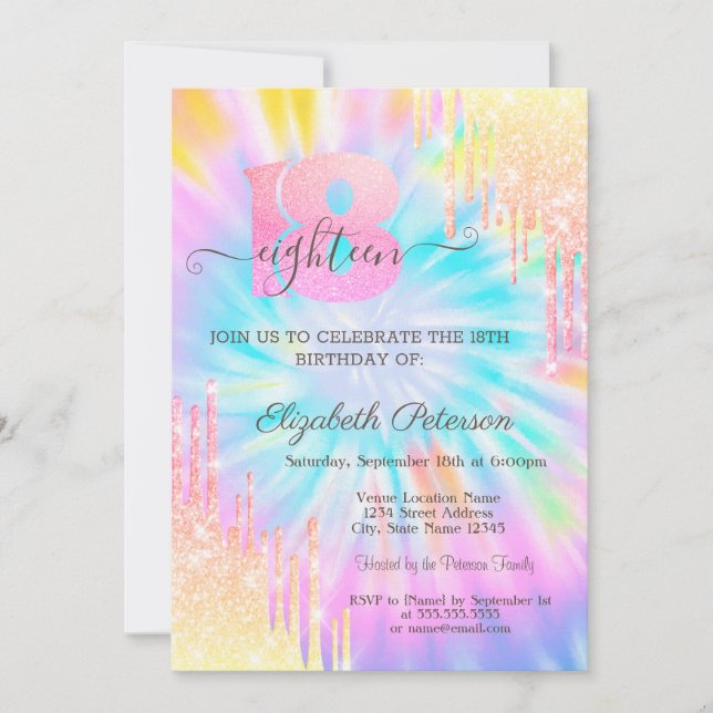 Invitación Moderno Purpurina Drips Tie Dye 18º cumpleaños (Anverso)