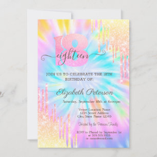 Invitación Moderno Purpurina Drips Tie Dye 18º cumpleaños