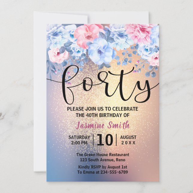Invitación Moderno Purpurina Floral Gold 40 cumpleaños (Anverso)