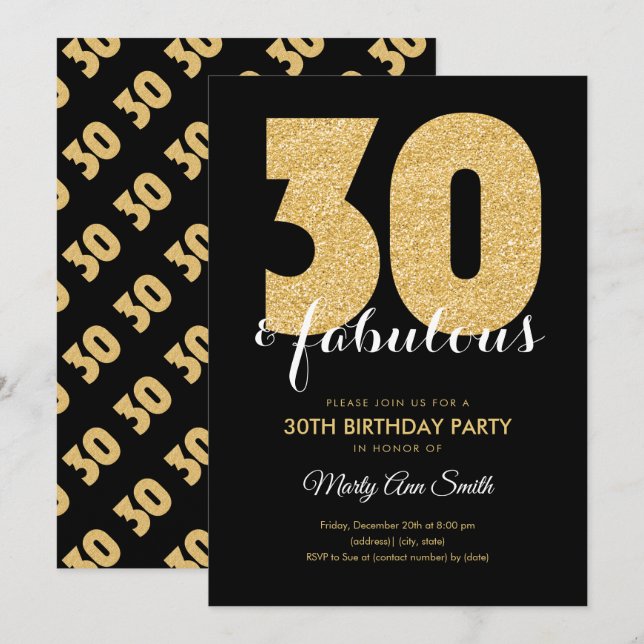 Invitación Moderno Purpurina Gold 30 y fabulosa fiesta de cum (Anverso / Reverso)