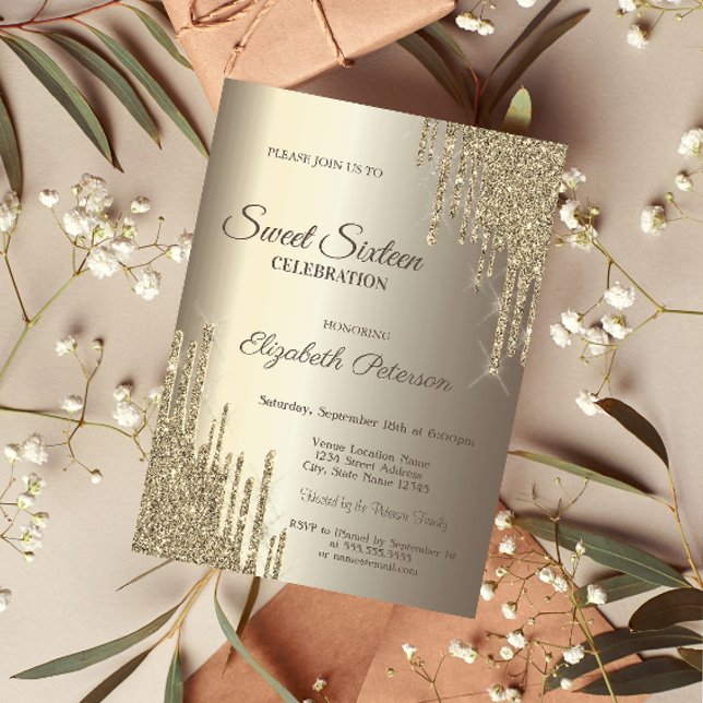 Invitación Moderno Purpurina gotea champagne Gold Sweet 16 (Subido por el creador)