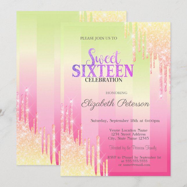 Invitación Moderno Purpurina goteo Bandas de Ombre Dulce 16 (Anverso / Reverso)