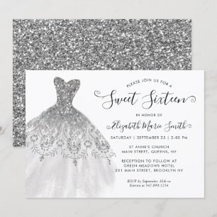 Invitación Moderno Purpurina Gris Plateado Vestido Dulce 16 C