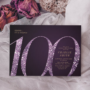 Invitación Moderno purpurina minimalista morado 100 años