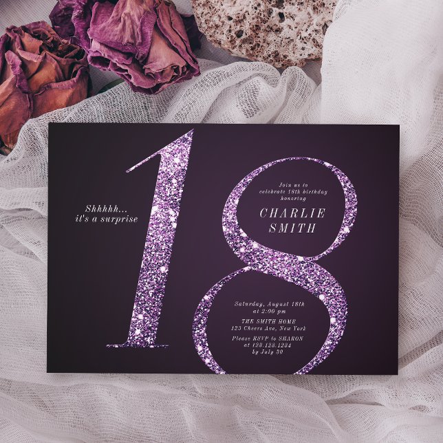 Invitación Moderno purpurina minimalista morado 18 años (Modern minimalist purple glitter 18th birthday invitation)