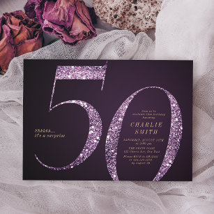 Invitación Moderno purpurina minimalista púrpura 50 años