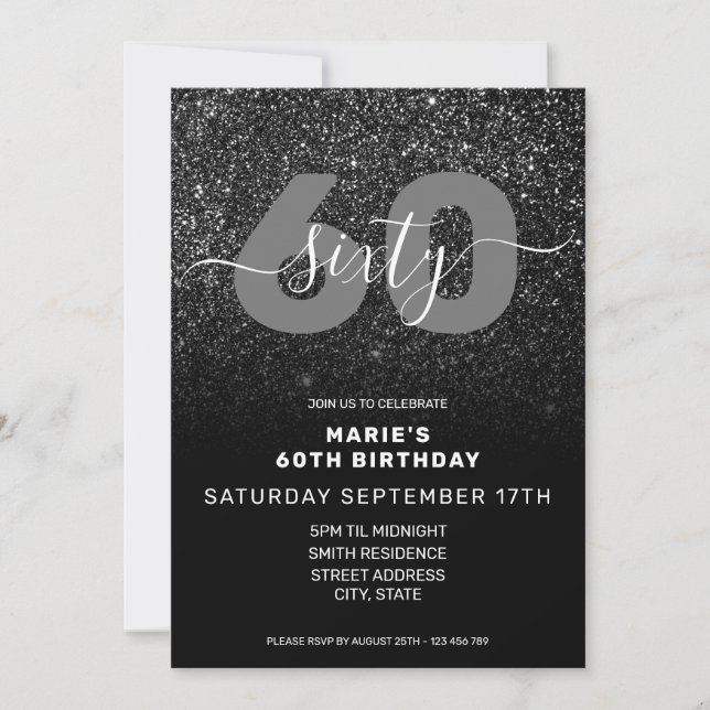 Invitación Moderno Purpurina negro elegante cumpleaños número (Anverso)