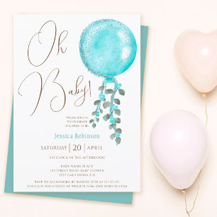 Invitación Moderno purpurina niño globo azul Oh ducha bebé