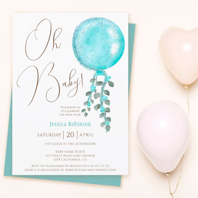Invitación Moderno purpurina niño globo azul Oh ducha bebé (Subido por el creador)