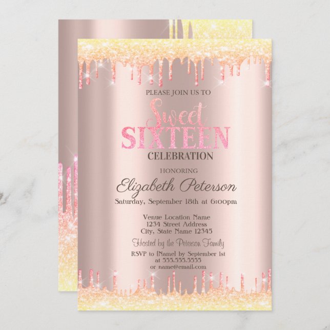 Invitación Moderno Purpurina Ombre Drips Rosa Dulce de Oro 16 (Anverso / Reverso)