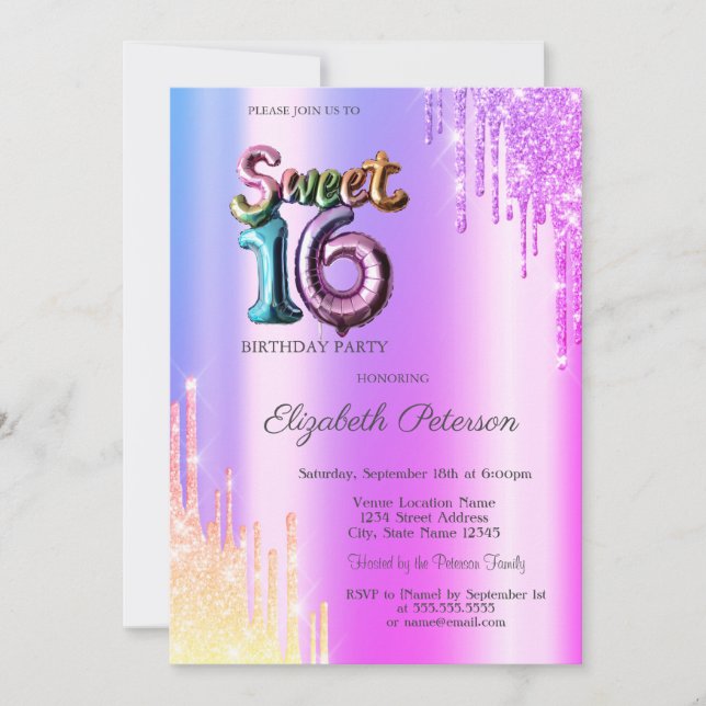 Invitación Moderno Purpurina Ombre Violet Drips Balón Dulce 1 (Anverso)
