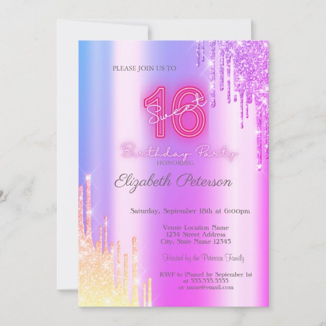 Invitación Moderno Purpurina Ombre Violeta Drips Neon Sweet 1 (Anverso)