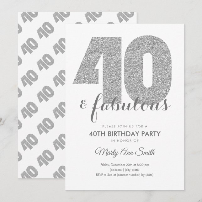Invitación Moderno Purpurina Plata 40 y fabulosa fiesta de cu (Anverso / Reverso)