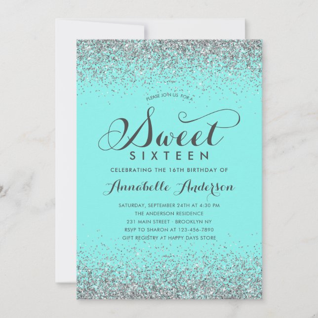 Invitación Moderno Purpurina Plata Verde azulada Girly Sweet  (Anverso)