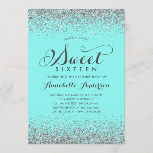 Invitación Moderno Purpurina Plata Verde azulada Girly Sweet