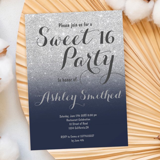 Invitación Moderno purpurina plateado oscuro azul marino Swee (Subido por el creador)