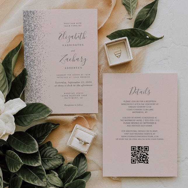 Invitación Moderno Purpurina plateado Rubor Boda de código QR (Subido por el creador)