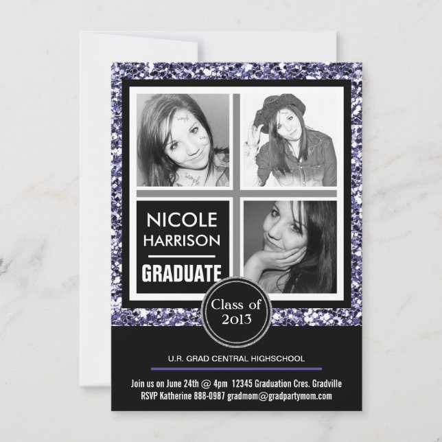 Invitación Moderno Purpurina Purple Faux 3 Graduación fotográ (Anverso)