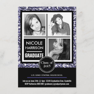 Invitación Moderno Purpurina Purple Faux 3 Graduación fotográ