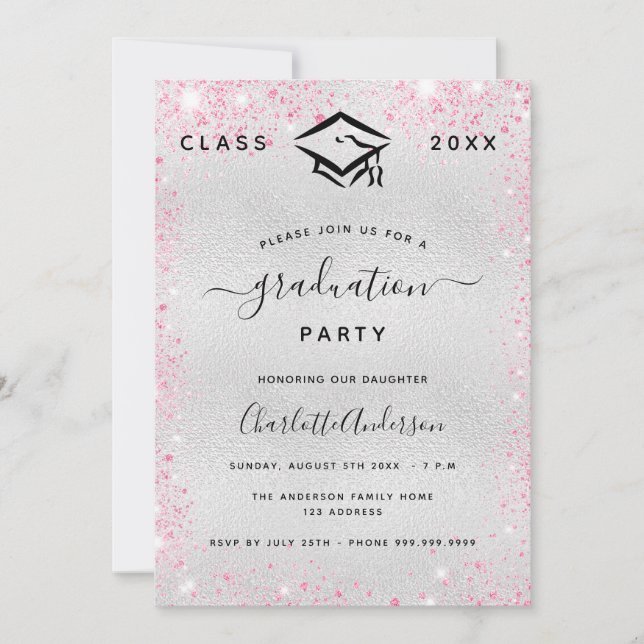 Invitación Moderno purpurina rosa plateado de graduación (Anverso)