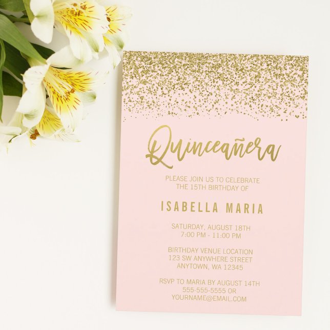 Invitación Moderno Purpurina Rubor Rosa Faux Gold Quinceanera (Subido por el creador)