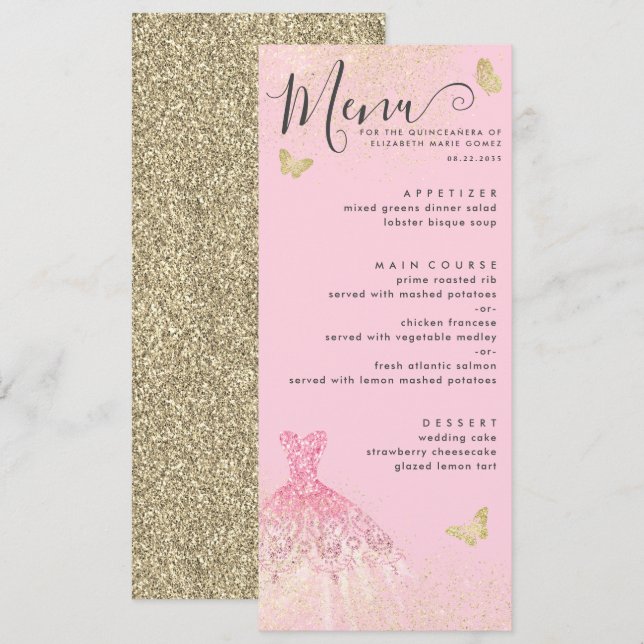 Invitación Moderno Purpurina Rubor Rosa Gold Gown Quinceanera (Anverso / Reverso)