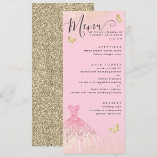 Invitación Moderno Purpurina Rubor Rosa Gold Gown Quinceanera
