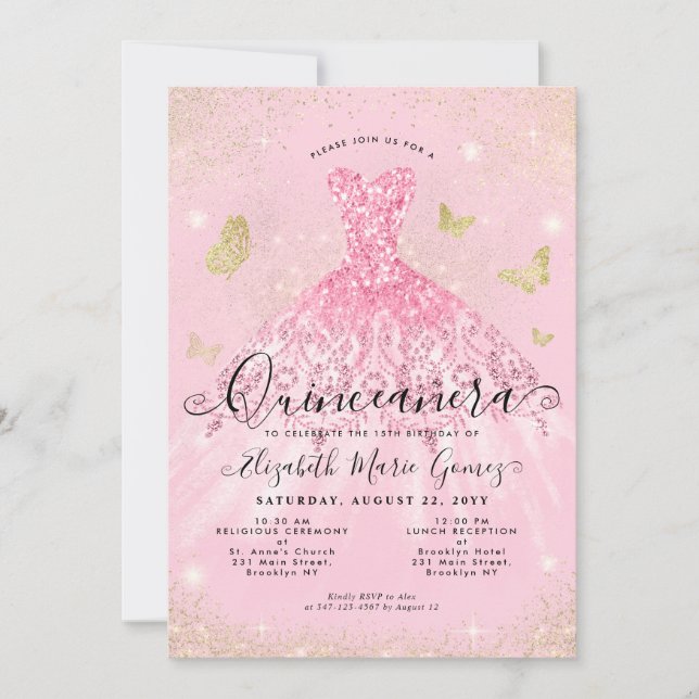 Invitación Moderno Purpurina Rubor Rosa Gold Gown Quinceanera (Anverso)