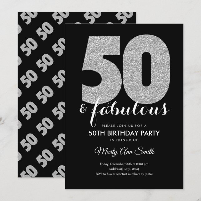 Invitación Moderno Purpurina Silver 50 y fabulosa fiesta de c (Anverso / Reverso)