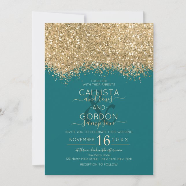 Invitación Moderno Purpurina Verde azulado de lujo Confetti B (Anverso)