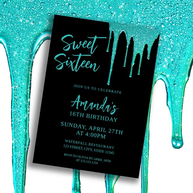 Invitación Moderno Purpurina Verde azulado gotea dulce 16 cum (Subido por el creador)