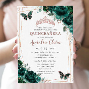 Invitación Moderno Quinceañera Emerald Green Floral Rosa Gold