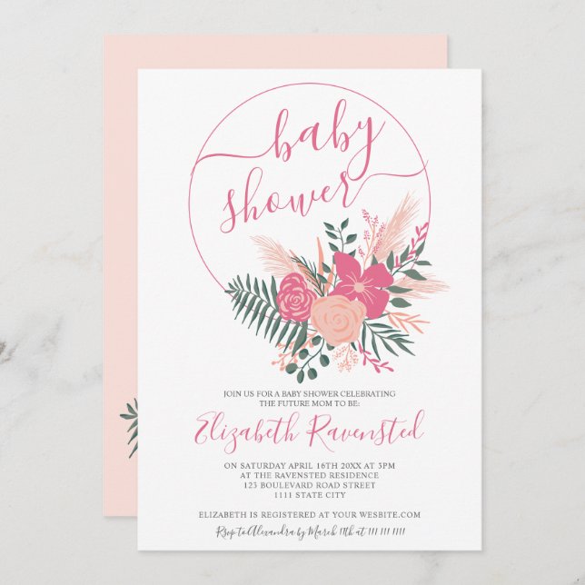 Invitación Moderno ramo floral verde rosa fuente de baño de b (Anverso / Reverso)