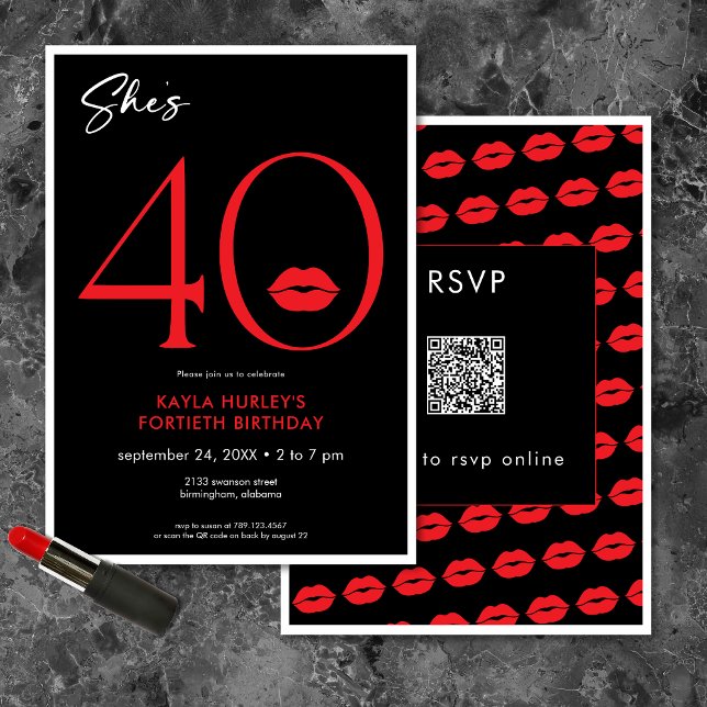 Invitación Moderno Red Lips de 40 años QR (Modern Minimal Red Lips She's Forty Birthday QR Invitation)