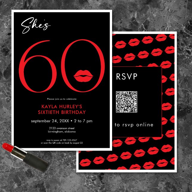 Invitación Moderno Red Lips de 60 años QR (Modern Minimal Red Lips She's Sixty Birthday QR Invitation)