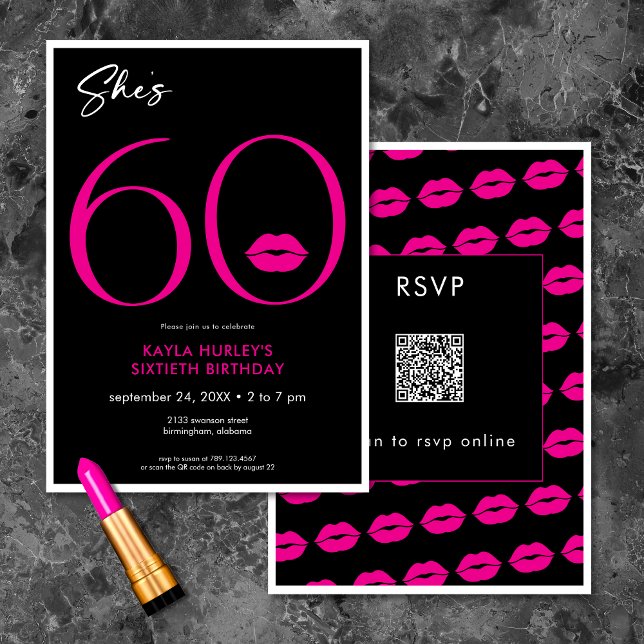 Invitación Moderno Red Lips de 60 años QR (Modern Minimal Pink Lips She's Sixty Birthday QR Invitation)