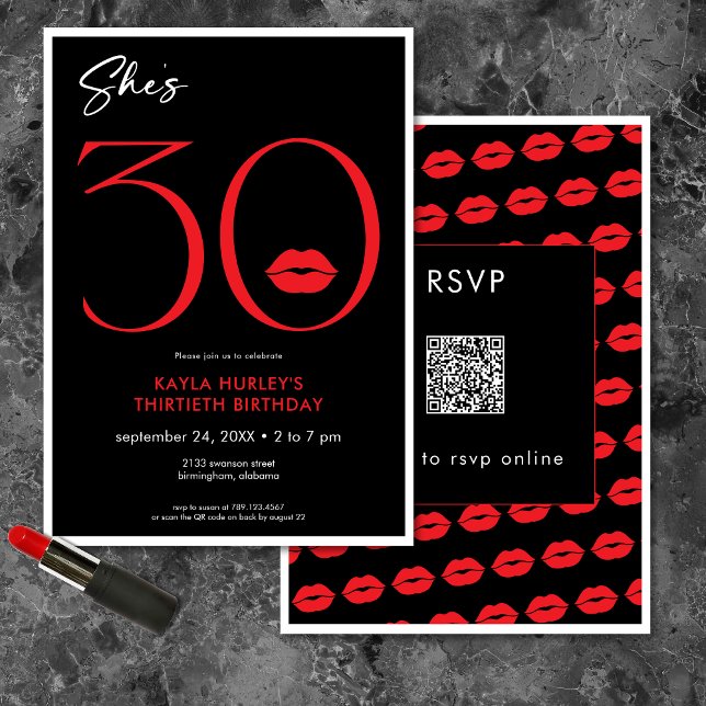 Invitación Moderno Red Lips de Mínimo Ella cumple 30 años QR (Modern Minimal Red Lips She's Thirty Birthday QR Invitation)
