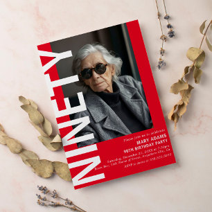 Invitación Moderno Red NINETY Foto 90th Birthday Party