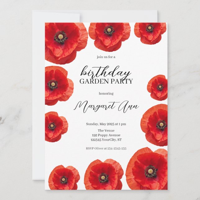 Invitación Moderno Red Poppy Floral Birthday Garden Fiesta (Anverso)