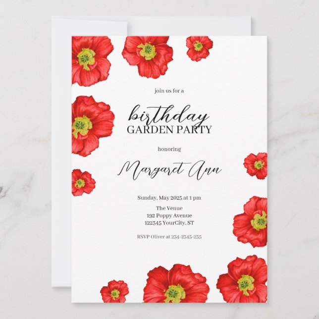 Invitación Moderno Red Poppy Floral Birthday Garden Fiesta (Anverso)