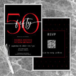 Invitación Moderno Red Rojo Cincuenta Guiones Cumpleaños QR<br><div class="desc">Moderna y moda, esta invitación de cumpleaños combina blanco y negro clásico con acentos de rojo brillante. Su diseño mínimo es un diseño simple y divertido para celebrar el cumpleaños del hito. La parte posterior contiene un área para un código QR para la respuesta RSVP. Creado por Simply Farmhouse Press....</div>