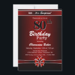 Invitación Moderno Red Surprise 80th Birthday Party<br><div class="desc">Una vibrante invitación a la fiesta de cumpleaños número 80 de color rojo y negro con texto blanco y una cinta y un arco rojo y blanco. Reemplace los detalles de esta invitación con los suyos propios para crear la invitación perfecta para su fiesta sorpresa.</div>
