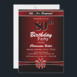 Invitación Moderno Red Surprise 80th Birthday Party<br><div class="desc">Una vibrante invitación a la fiesta de cumpleaños número 80 de color rojo y negro con texto blanco y una cinta y un arco rojo y blanco. Reemplace los detalles de esta invitación con los suyos propios para crear la invitación perfecta para su fiesta sorpresa.</div>