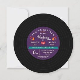 Invitación Moderno registro de vinilo retro morado y Boda Aqu