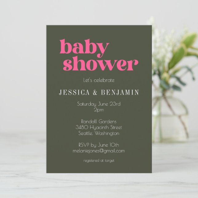 Invitación Moderno retro Groovy Baby Shower rosa y verde (Anverso de pie)