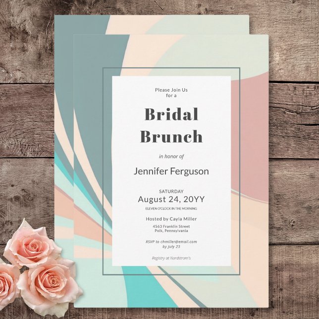 Invitación Moderno Retro Groovy Peach Verde azulada Aqua Brid (Modern Retro Groovy Peach Teal Aqua Bridal Brunch Invitation)