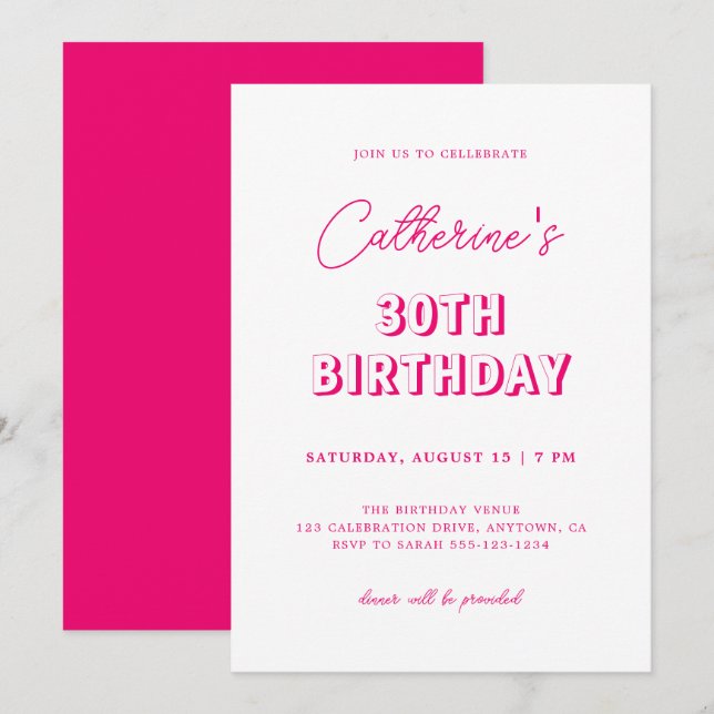 Invitación Moderno Retro Hot Pink 30 Fiesta de cumpleaños (Anverso / Reverso)