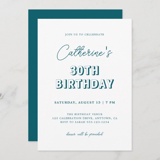Invitación Moderno Retro Oscuro Verde azulado 30 cumpleaños F (Anverso / Reverso)