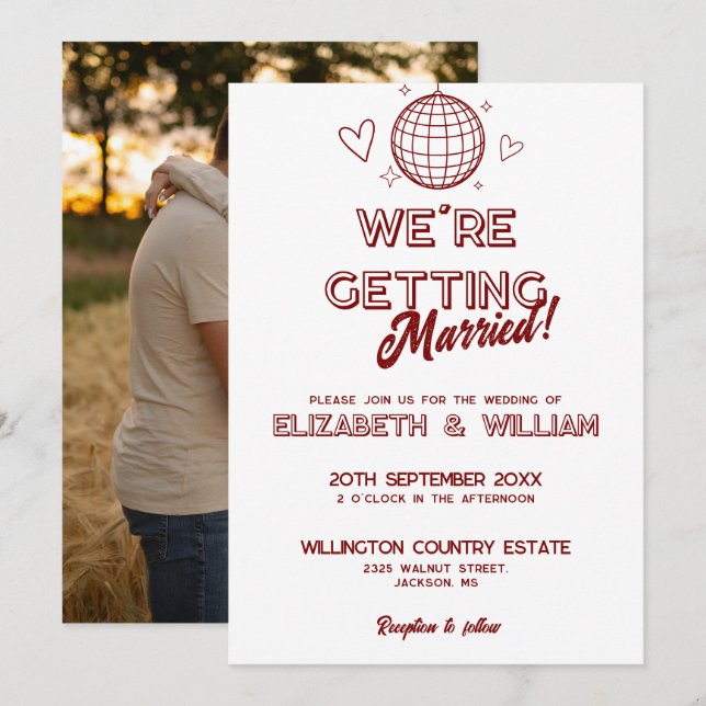 Invitación Moderno retro rojo disco groovy foto Boda (Anverso / Reverso)